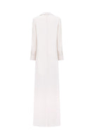 White V-neck satin maxi dress by Tracy Studio displayed on a hanger with a flowing fabric design.