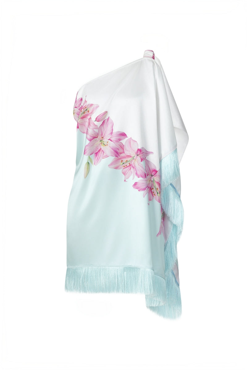 Valenciani multicolor one-shoulder mini dress showcasing vibrant fabric and stylish asymmetrical design.