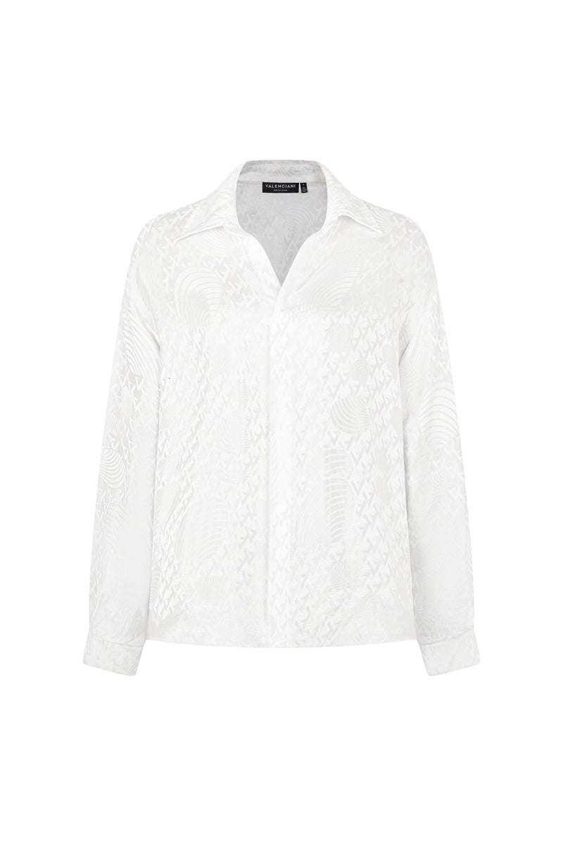 White silk shirt by Valenciani, showcasing a sleek, smooth fabric with a classic collar and button-front design.