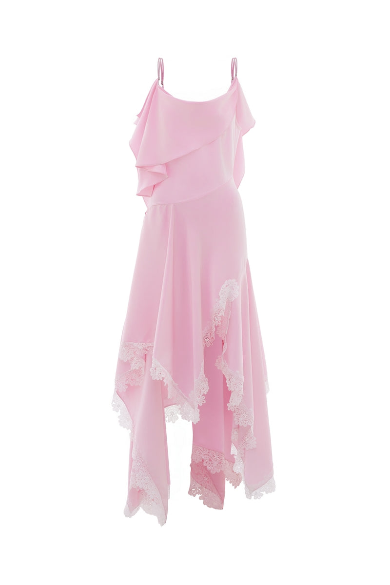 Valenciani CULT MIA X cowl neck maxi dress with lace trim and handkerchief hem, featuring a stylish and flowing silhouette.