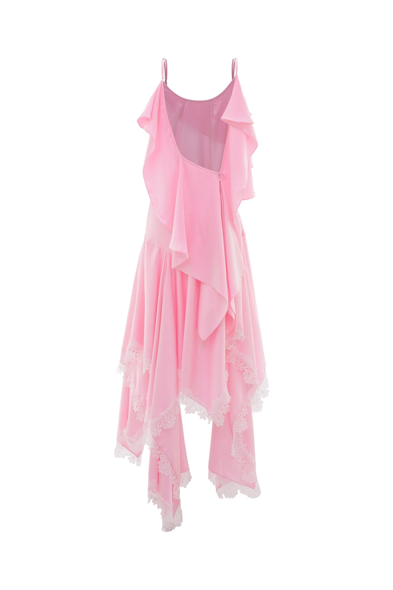 Valenciani CULT MIA X Valenciani cowl neck maxi dress with lace trim and handkerchief hem, elegant and flowy for stylish occasions.
