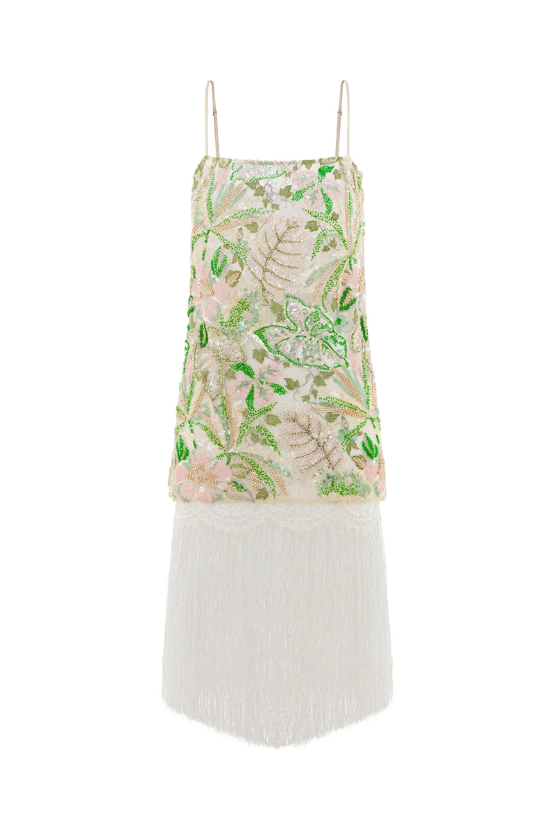Valenciani sequin mini dress with multicolor fringe, midi length, featuring shiny sequins and playful fringe details.