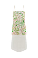 Valenciani sequin mini dress with multicolor fringe, midi length, featuring shiny sequins and playful fringe details.
