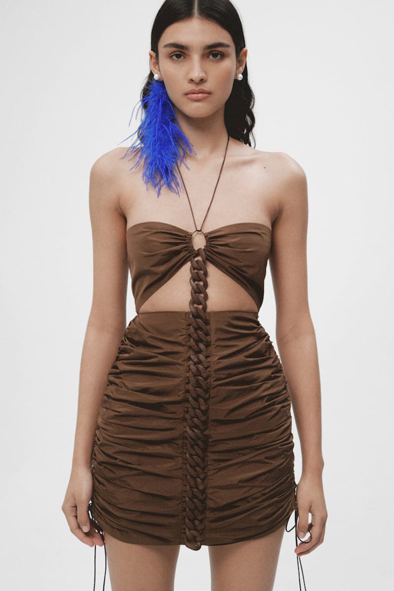 BROWN CHAIN GATHERED MINI DRESS - CULT MIA
