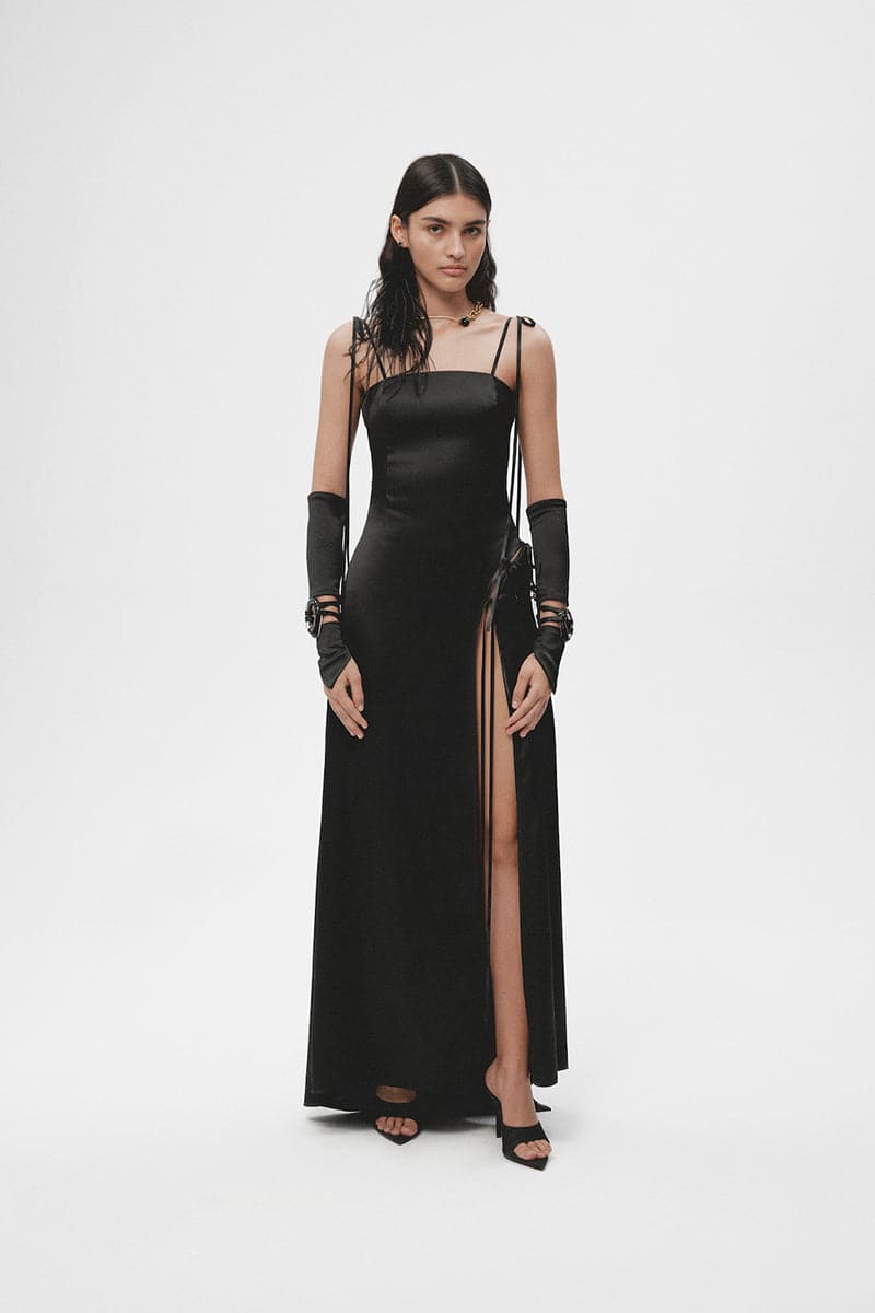 BLACK SATIN LONG DRESS - CULT MIA