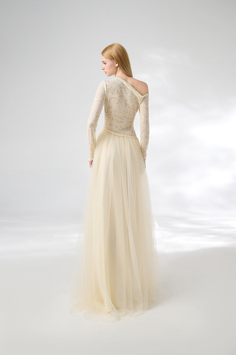 BEIGE SOFTEN FIT-AND-FLARE LAYERED FLOOR-LENGTH GOWN - CULT MIA