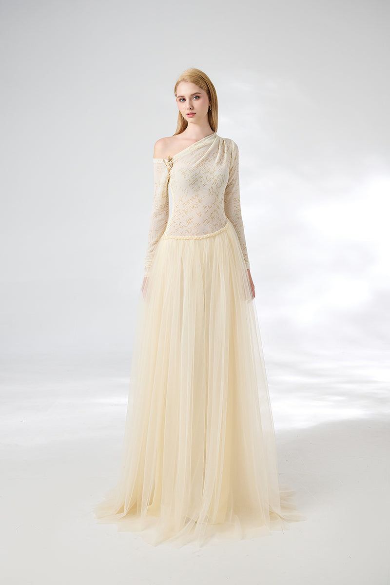 BEIGE SOFTEN FIT-AND-FLARE LAYERED FLOOR-LENGTH GOWN - CULT MIA