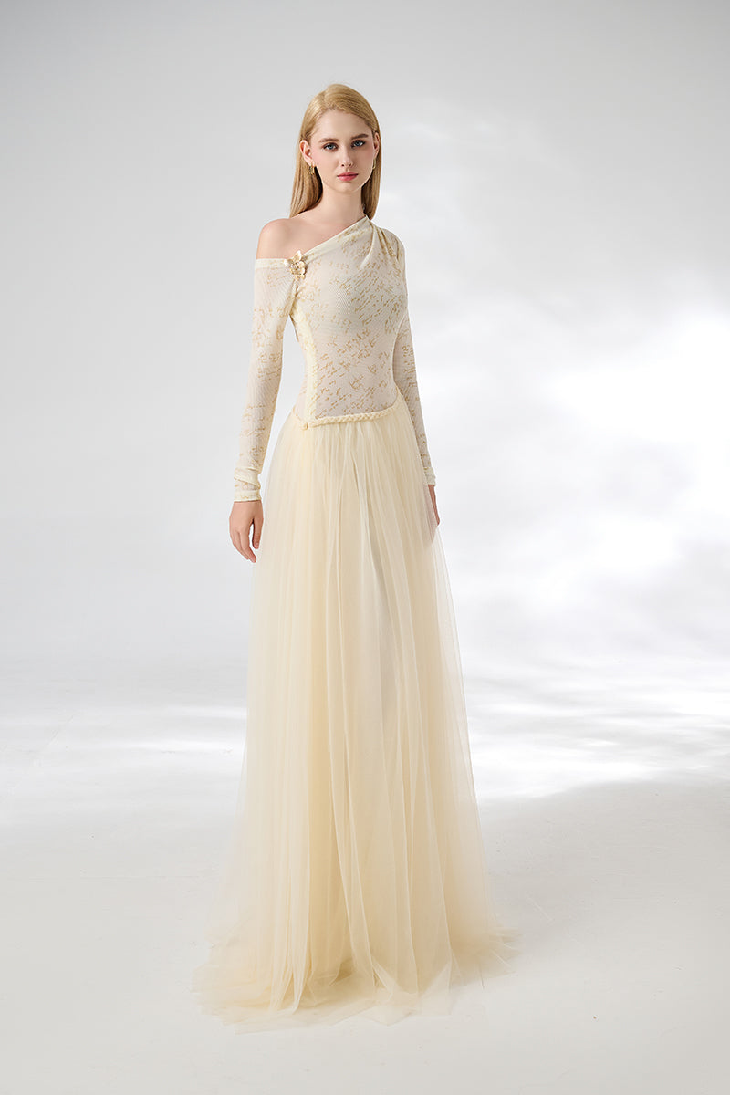 BEIGE SOFTEN FIT-AND-FLARE LAYERED FLOOR-LENGTH GOWN - CULT MIA