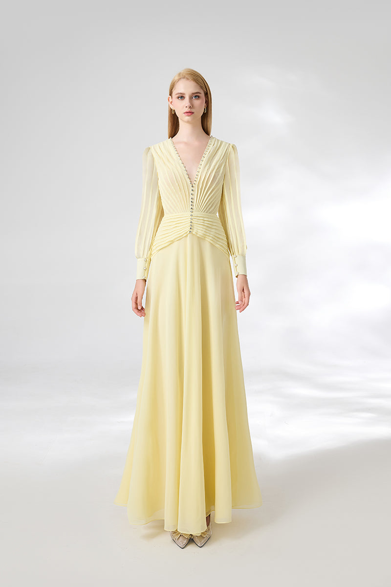 V-NECK LIGHT YELLOW FLOOR LENGTH DRESS - CULT MIA