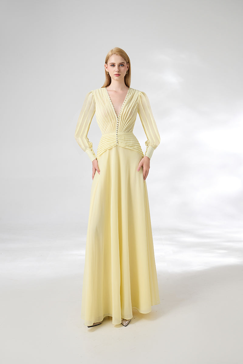 V-NECK LIGHT YELLOW FLOOR LENGTH DRESS - CULT MIA