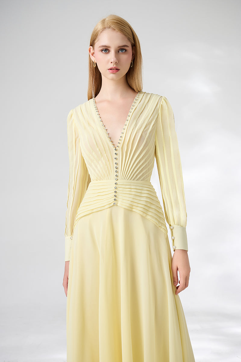 V-NECK LIGHT YELLOW FLOOR LENGTH DRESS - CULT MIA