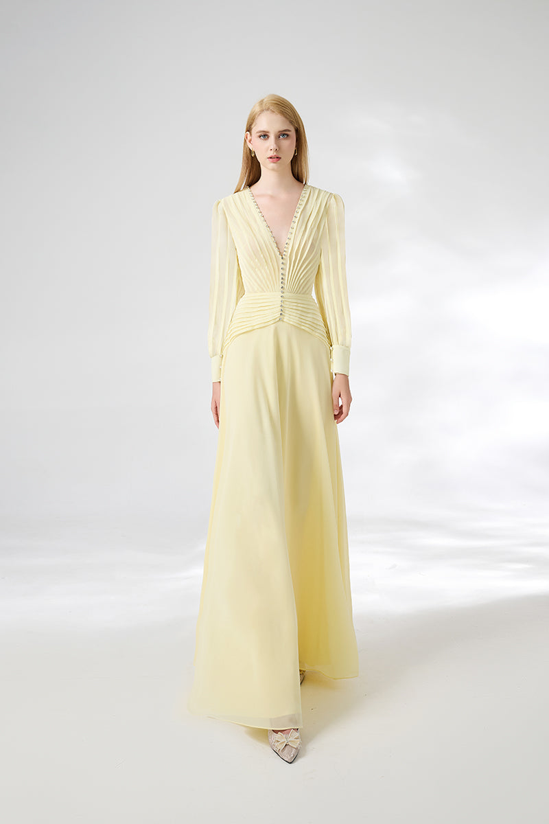 V-NECK LIGHT YELLOW FLOOR LENGTH DRESS - CULT MIA