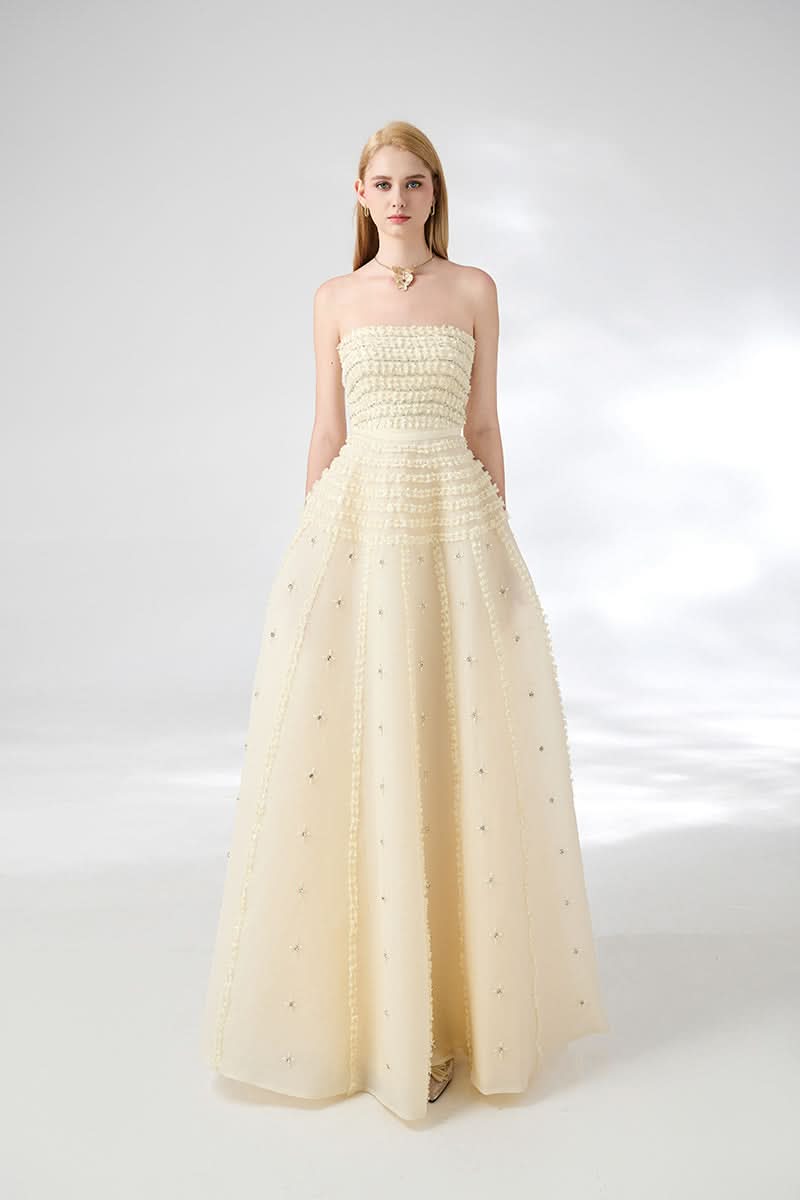 STRAPLESS STONE ORGANZA FLOOR LENGTH BEIGE GOWN - CULT MIA