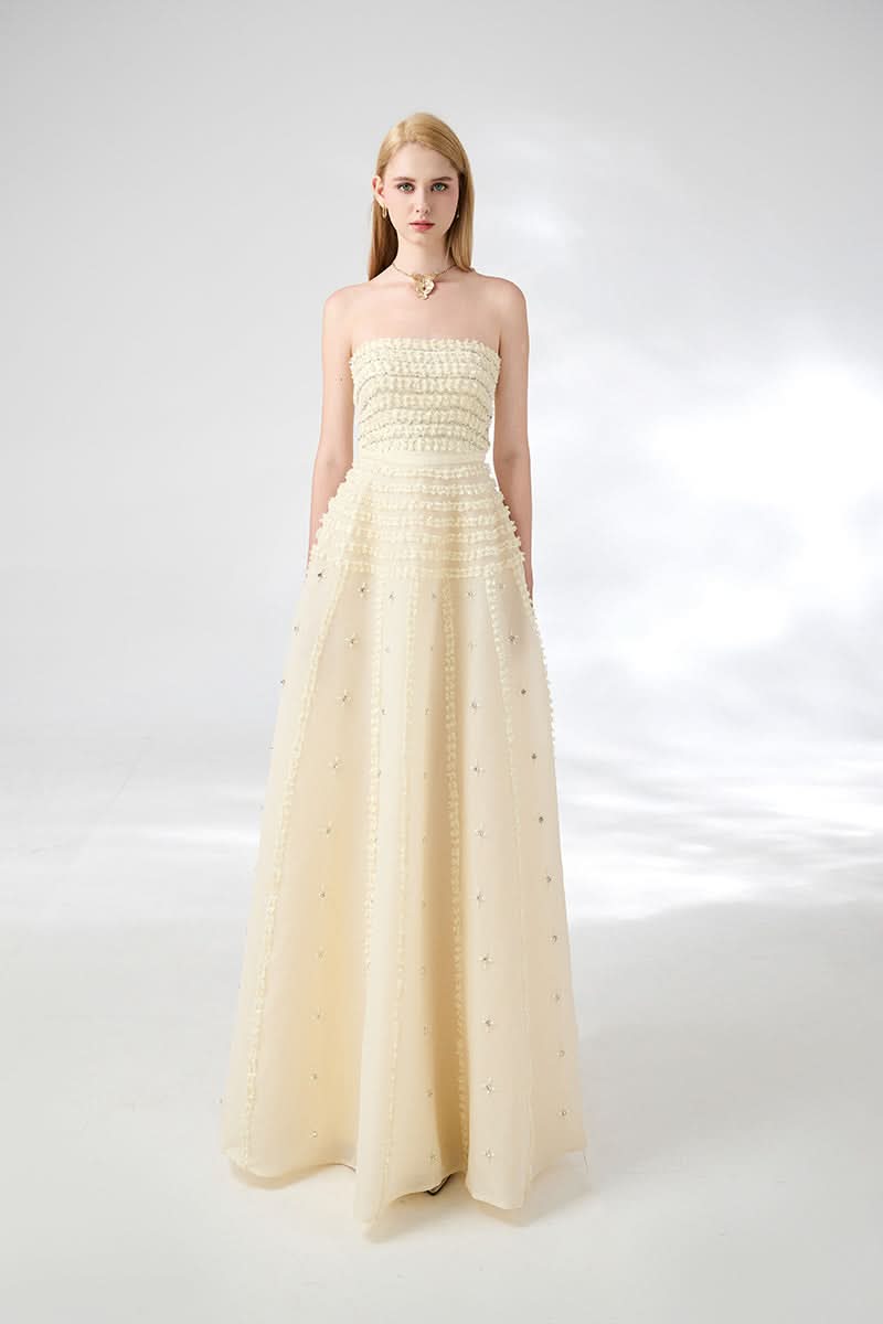 STRAPLESS STONE ORGANZA FLOOR LENGTH BEIGE GOWN - CULT MIA