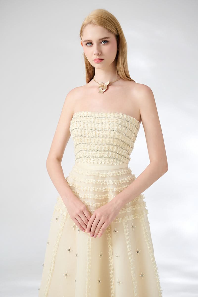 STRAPLESS STONE ORGANZA FLOOR LENGTH BEIGE GOWN - CULT MIA