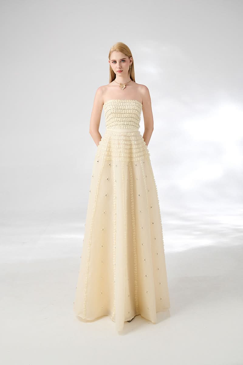 STRAPLESS STONE ORGANZA FLOOR LENGTH BEIGE GOWN - CULT MIA