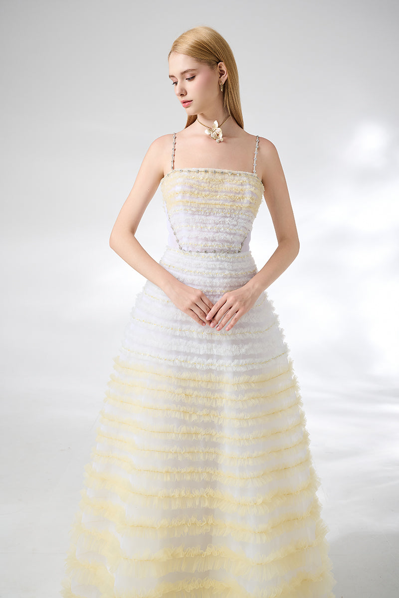 BEIGE FIT AND FLARE ORGANZA GOWN - CULT MIA