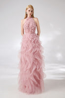 Pink layered stone organza floral embellished gown by Happy Clothing, featuring intricate floral detailing and elegant fabric layers.