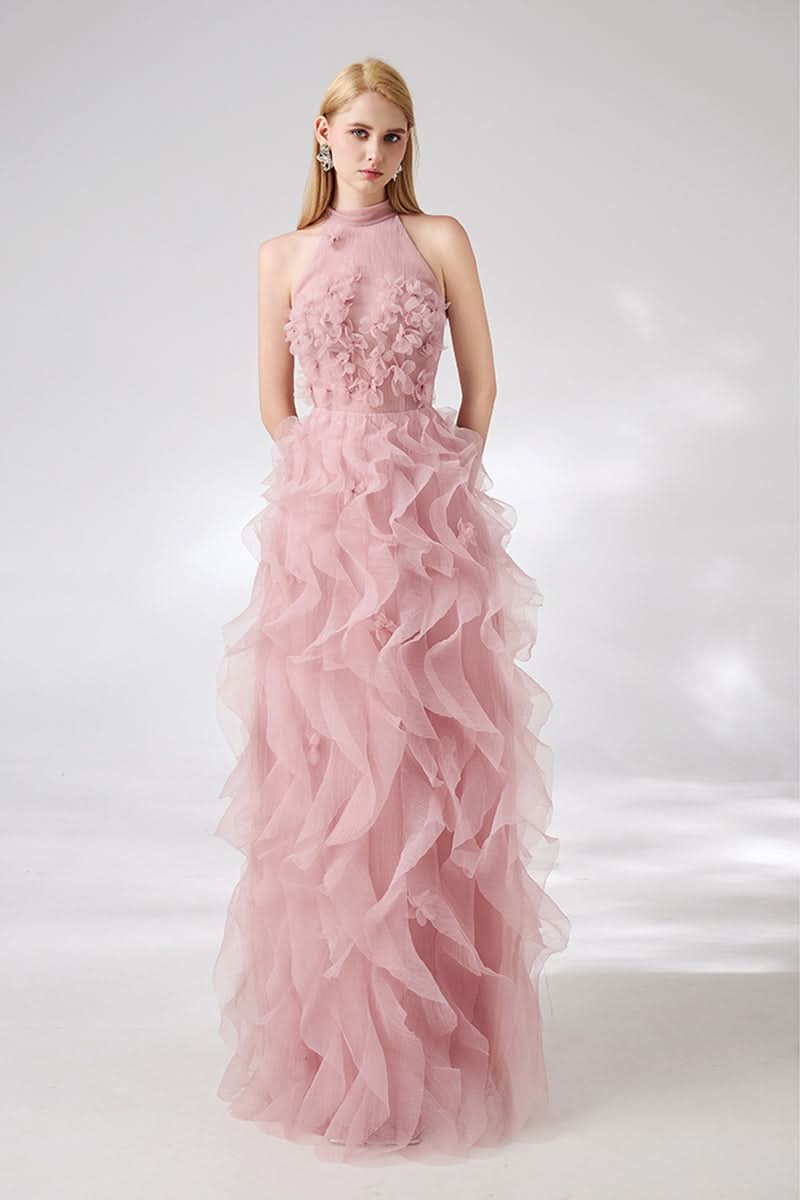 Pink layered stone organza floral embellished gown by Happy Clothing, featuring intricate floral detailing and elegant fabric layers.