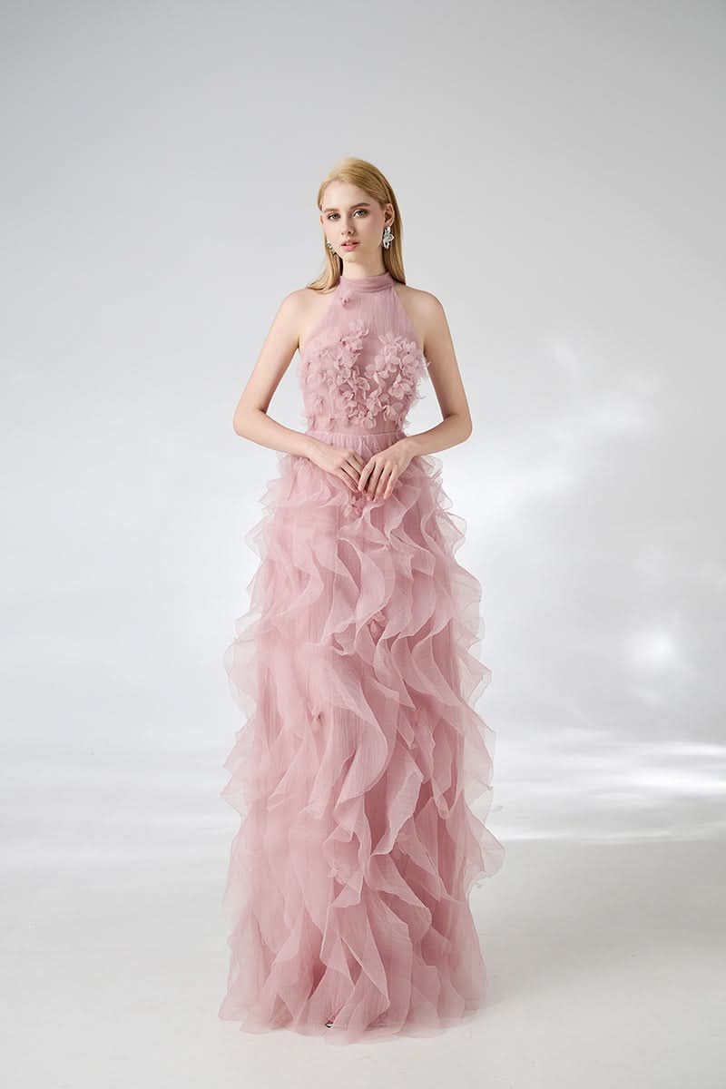 PINK LAYERED STONE ORGANZA FLORAL EMBELLISHED GOWN - CULT MIA