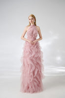 Pink layered stone organza floral embellished gown by Happy Clothing, featuring intricate floral embroidery and elegant flowing fabric.