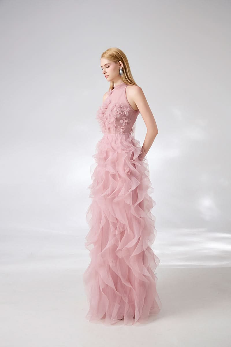 PINK LAYERED STONE ORGANZA FLORAL EMBELLISHED GOWN - CULT MIA