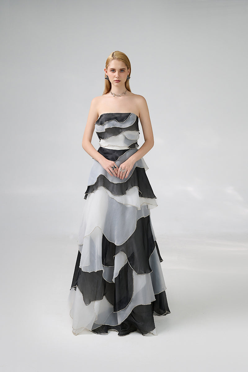 STRAPLESS BLACK AND GRAY FLOOR LENGTH DRESS - CULT MIA