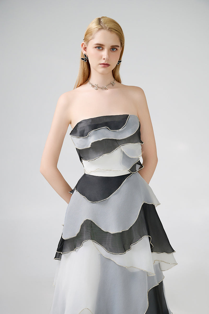 STRAPLESS BLACK AND GRAY FLOOR LENGTH DRESS - CULT MIA