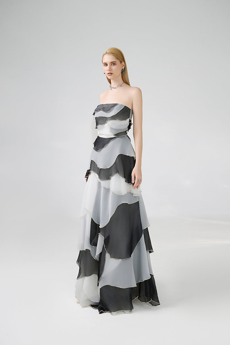 STRAPLESS BLACK AND GRAY FLOOR LENGTH DRESS - CULT MIA