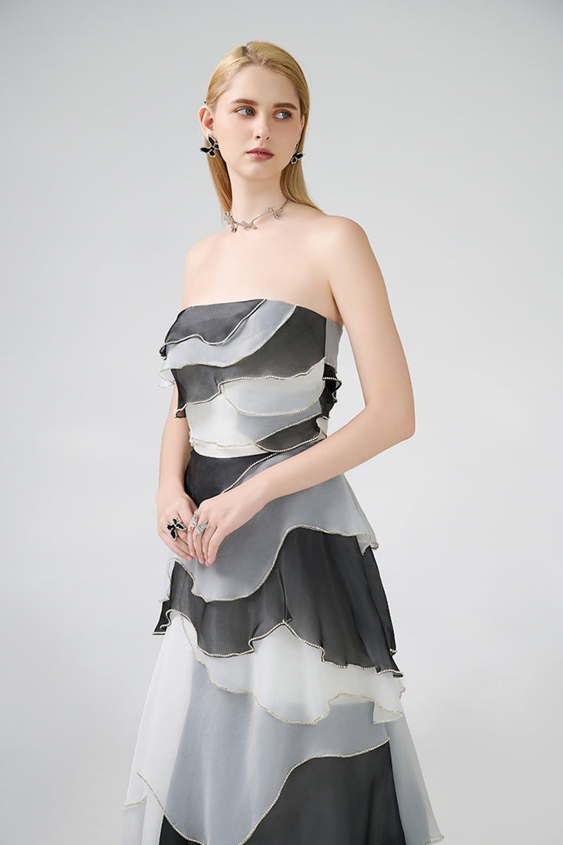 STRAPLESS BLACK AND GRAY FLOOR LENGTH DRESS - CULT MIA