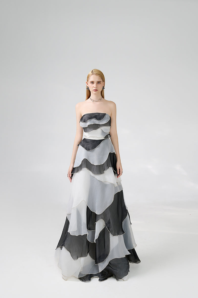 STRAPLESS BLACK AND GRAY FLOOR LENGTH DRESS - CULT MIA