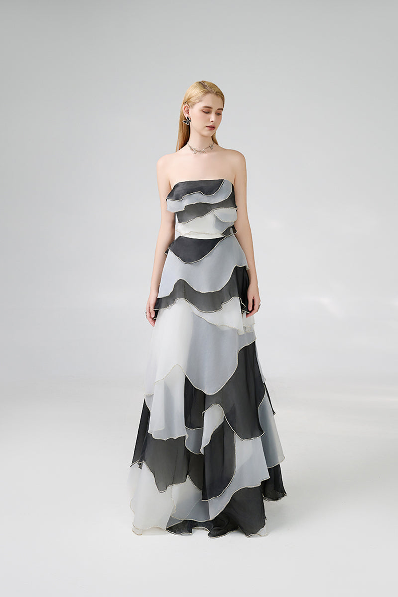 STRAPLESS BLACK AND GRAY FLOOR LENGTH DRESS - CULT MIA