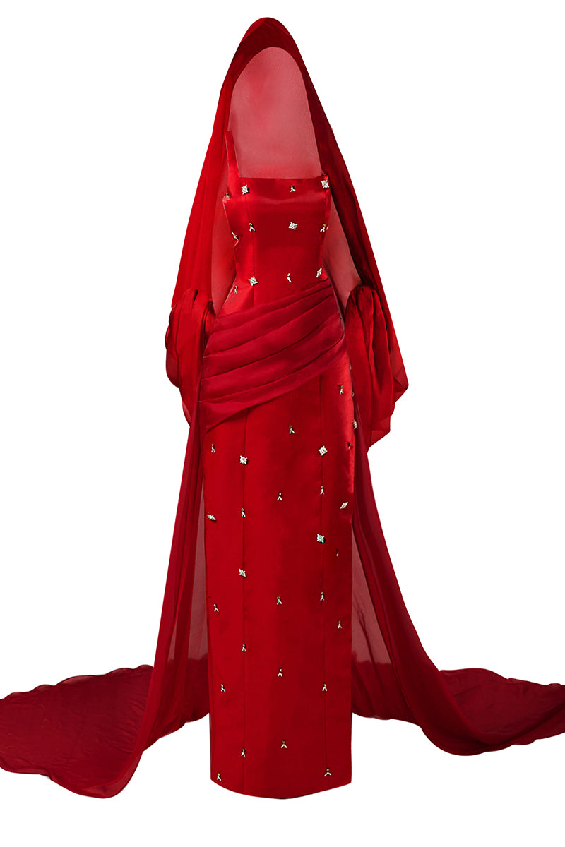RED STRAIGHT LONG DRESS WITH HEADSCARF - CULT MIA
