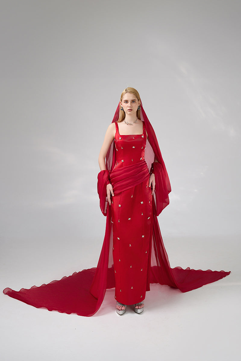 RED STRAIGHT LONG DRESS WITH HEADSCARF - CULT MIA