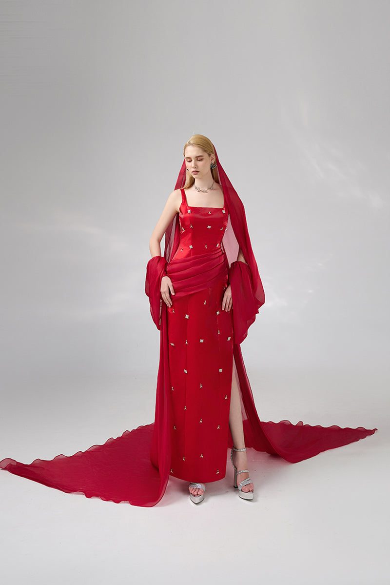 RED STRAIGHT LONG DRESS WITH HEADSCARF - CULT MIA