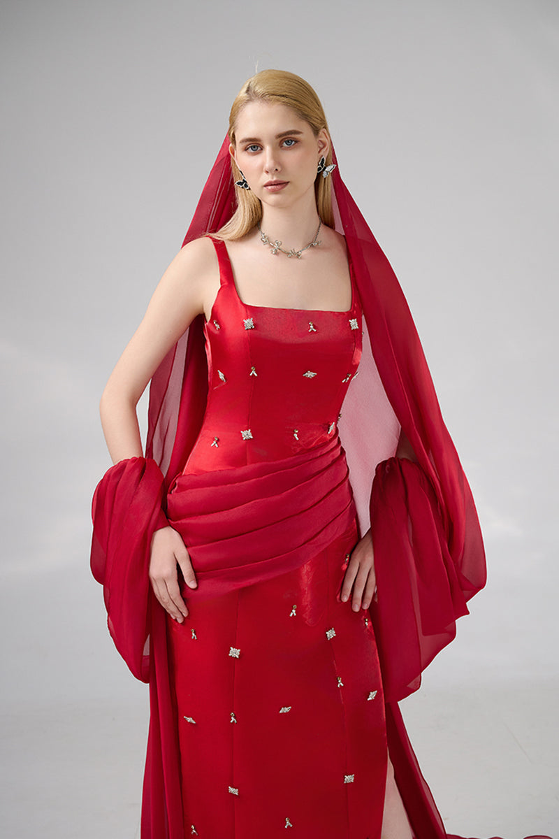 RED STRAIGHT LONG DRESS WITH HEADSCARF - CULT MIA