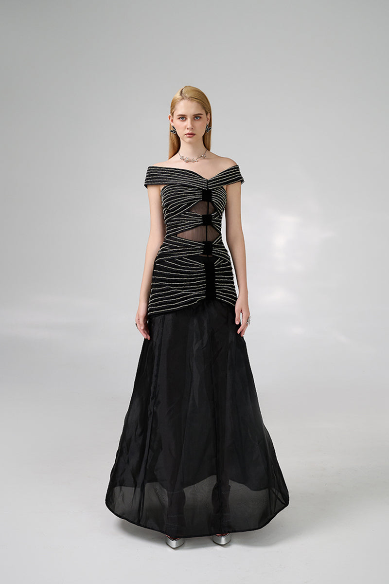 BLACK OFF-SHOULDER FLOOR LENGTH GOWN - CULT MIA