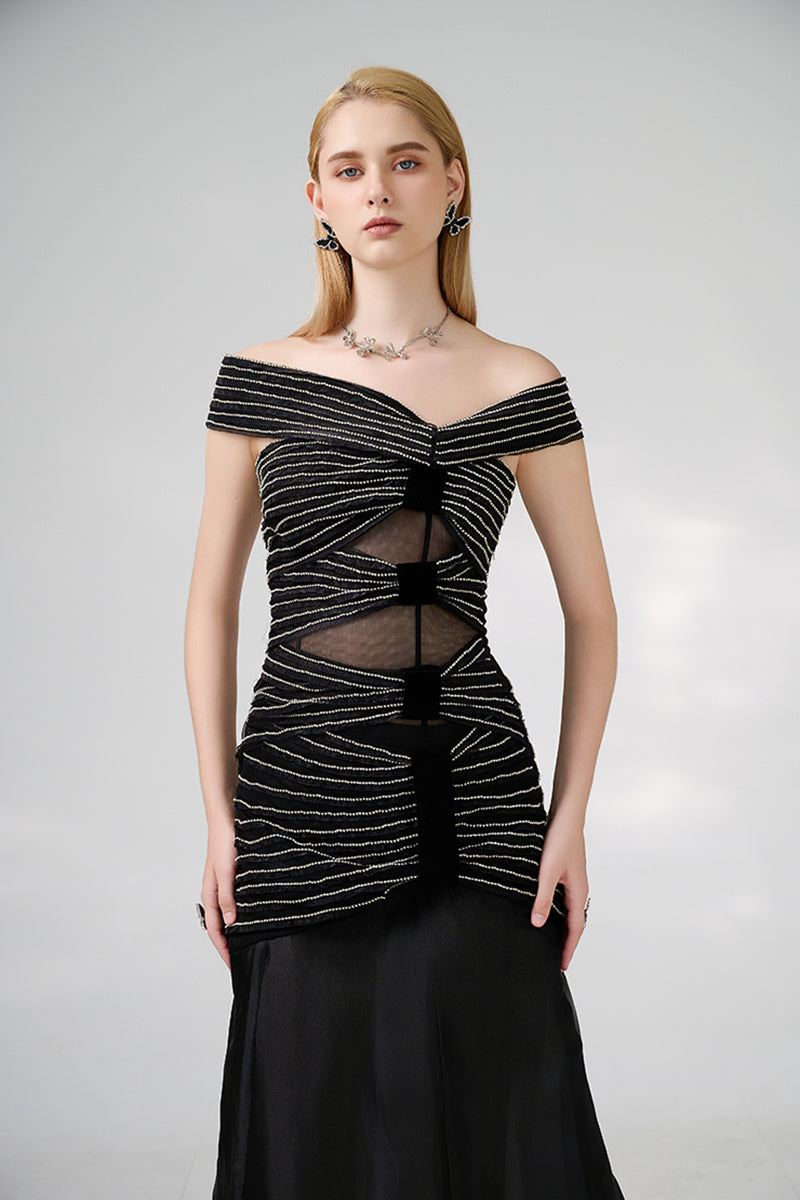 BLACK OFF-SHOULDER FLOOR LENGTH GOWN - CULT MIA