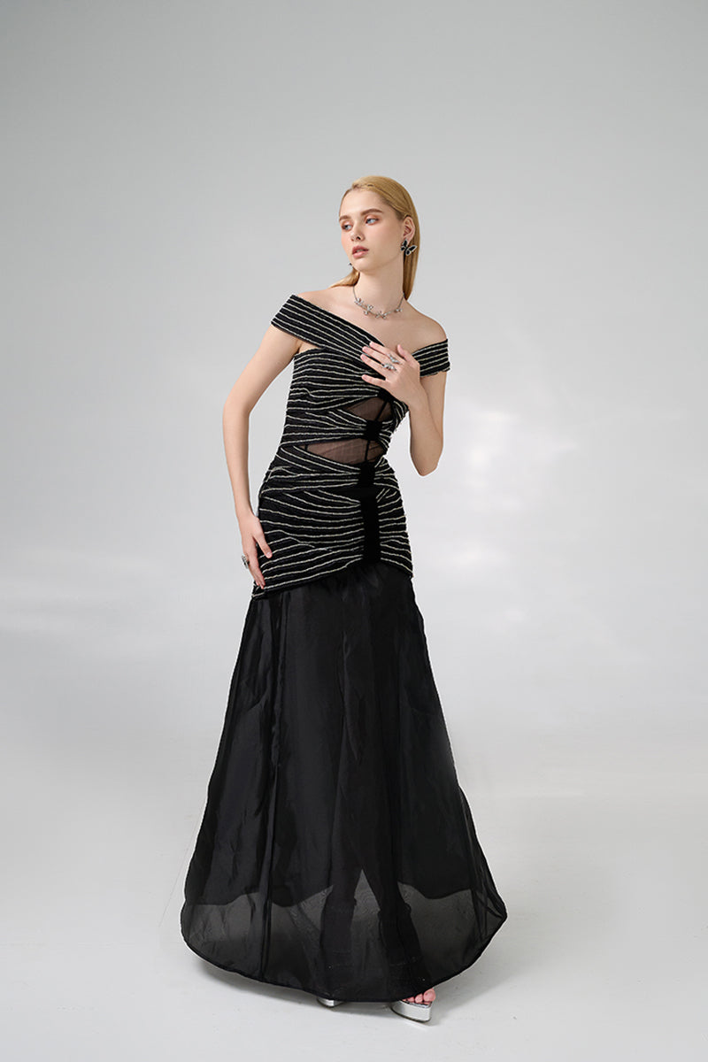 BLACK OFF-SHOULDER FLOOR LENGTH GOWN - CULT MIA