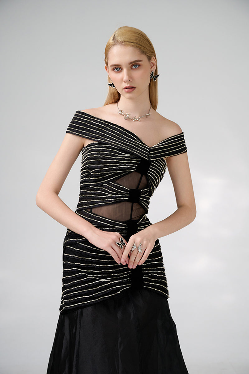BLACK OFF-SHOULDER FLOOR LENGTH GOWN - CULT MIA