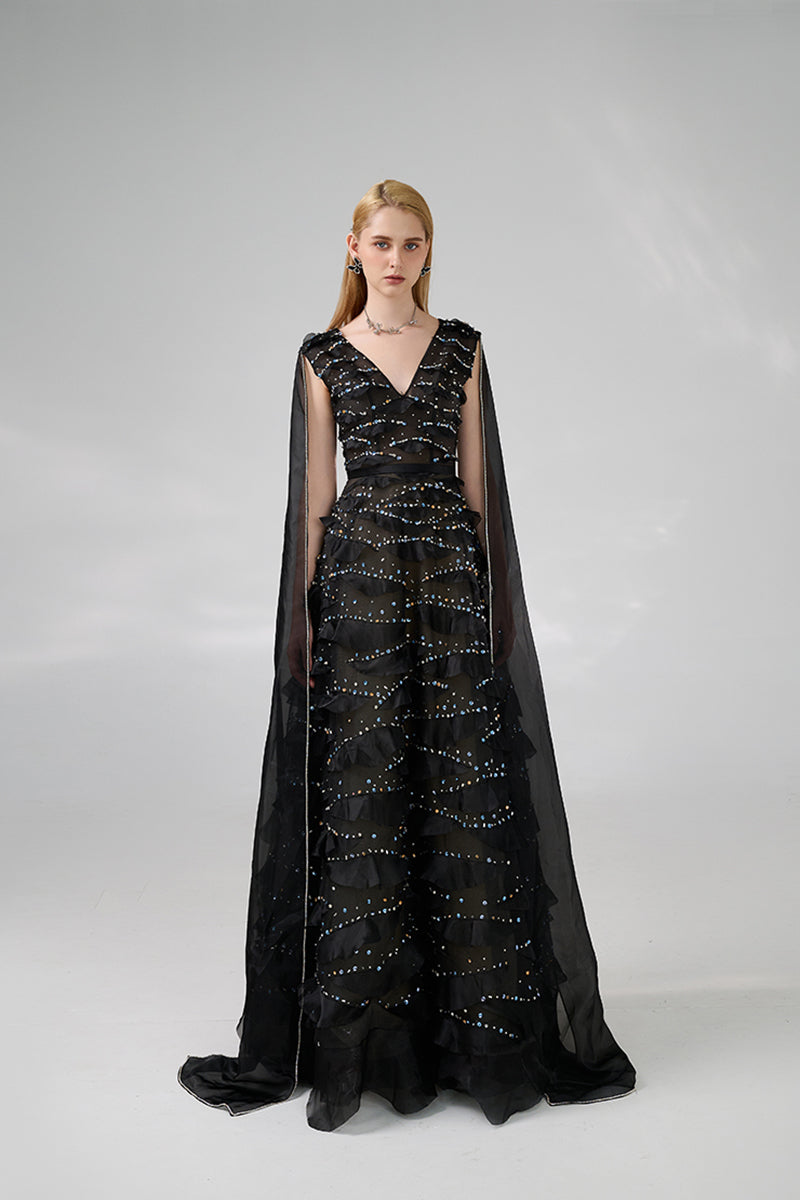 BLACK LAYERED FLOOR LENGTH GOWN WITH SCARF - CULT MIA