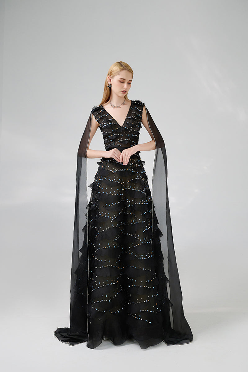 BLACK LAYERED FLOOR LENGTH GOWN WITH SCARF - CULT MIA