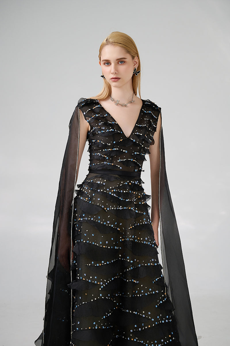 BLACK LAYERED FLOOR LENGTH GOWN WITH SCARF - CULT MIA