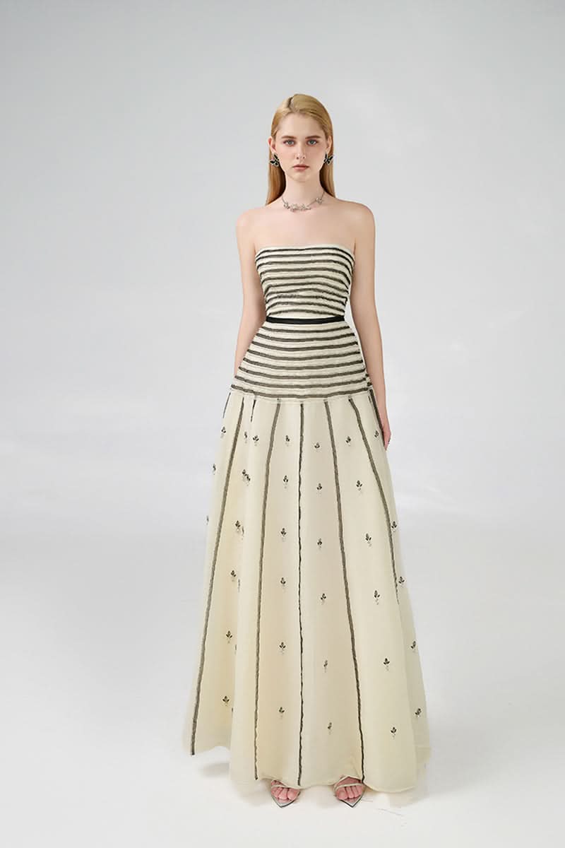 STRAPLESS BLACK AND BEIGE A-LINE MAXI DRESS - CULT MIA