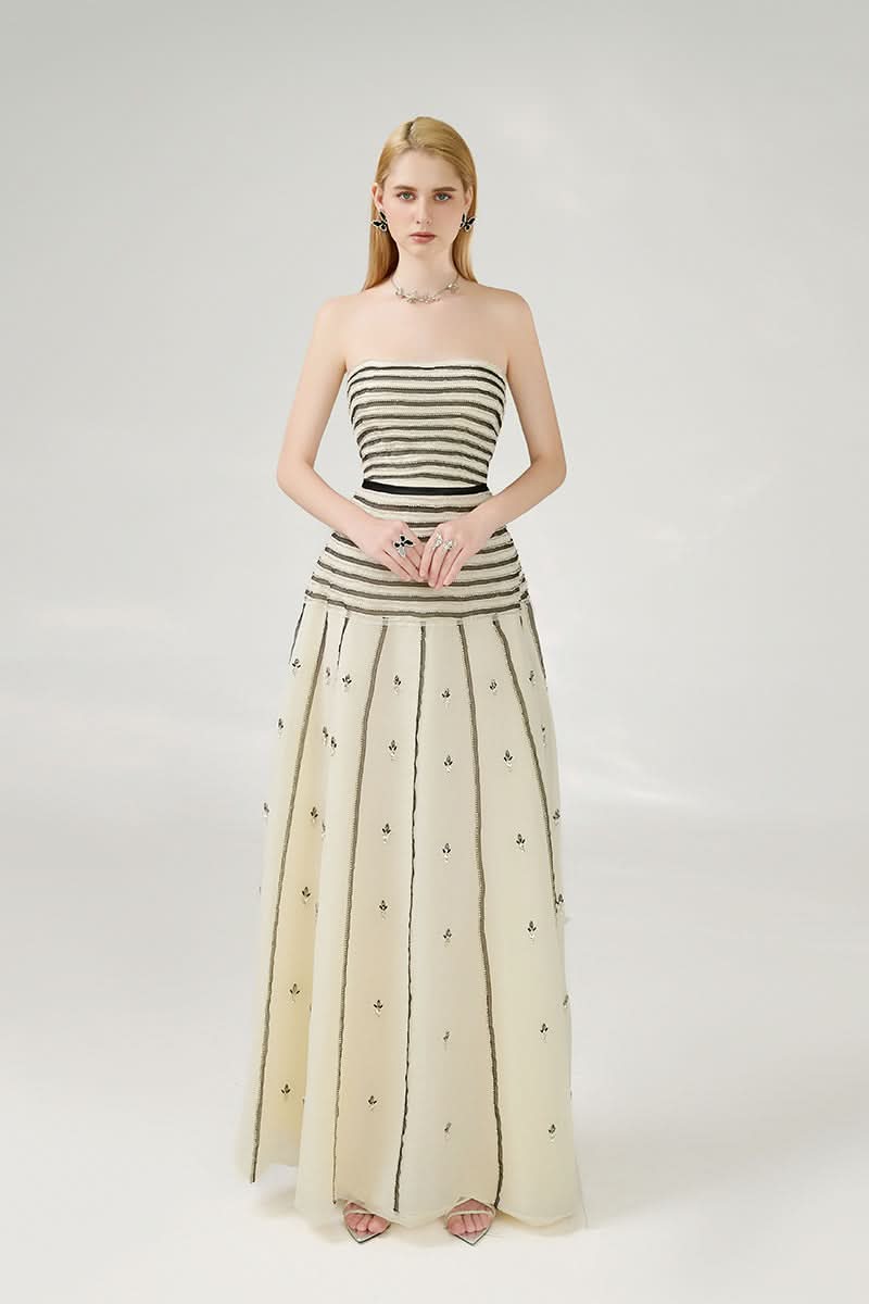 STRAPLESS BLACK AND BEIGE A-LINE MAXI DRESS - CULT MIA