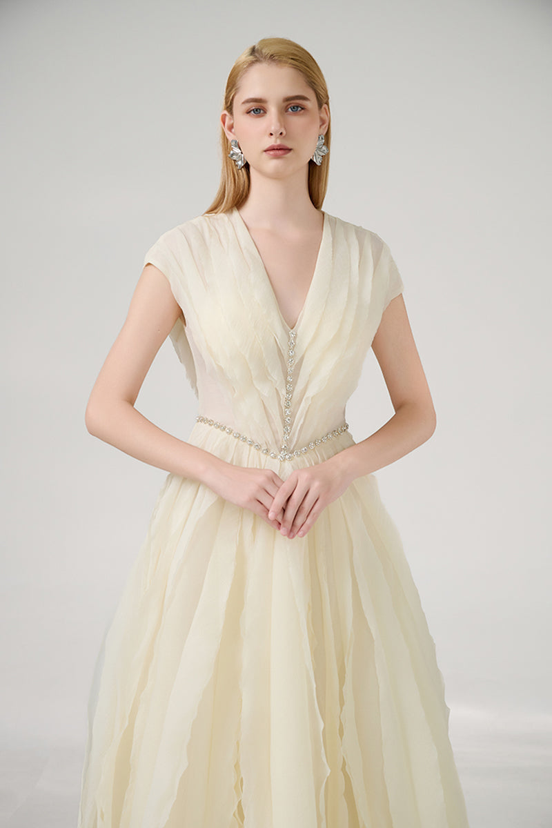 A-LINE PLEATED CHEST ORGANZA BEIGE GOWN - CULT MIA