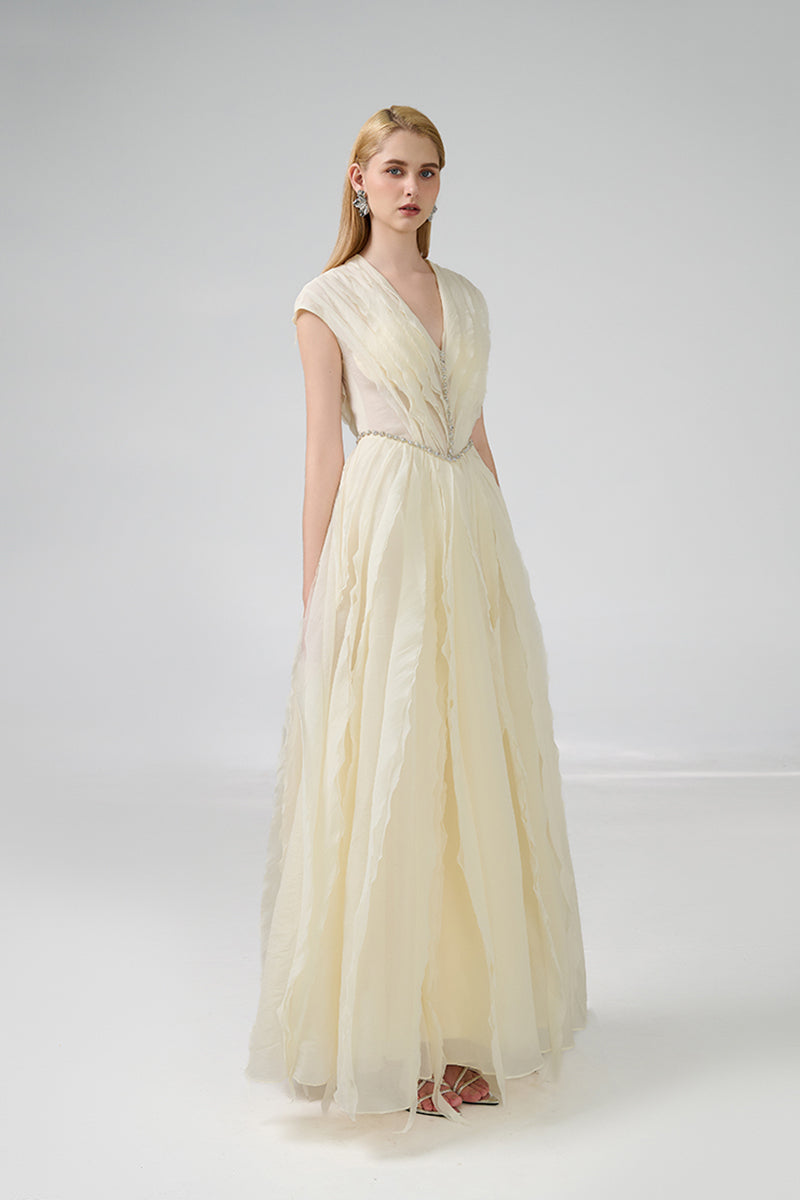 A-LINE PLEATED CHEST ORGANZA BEIGE GOWN - CULT MIA