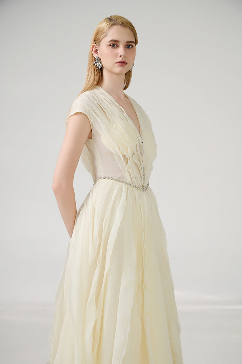 A-LINE PLEATED CHEST ORGANZA BEIGE GOWN - CULT MIA