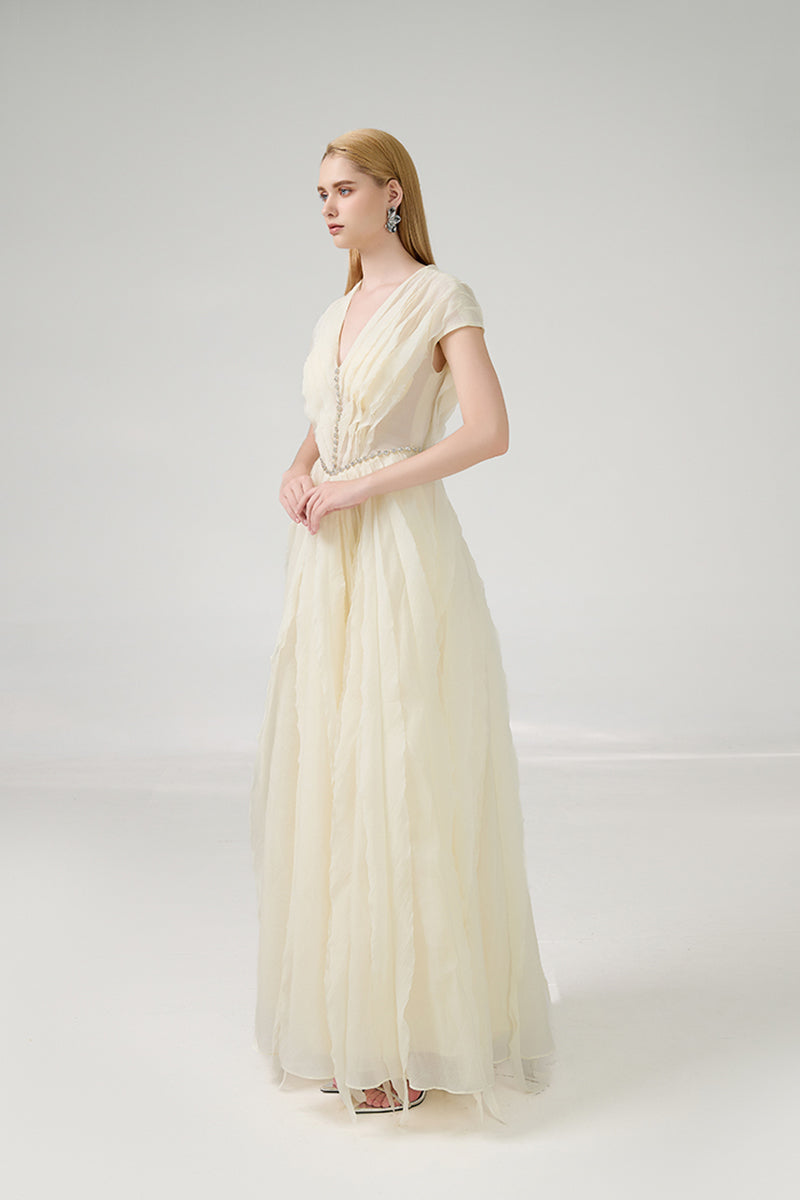 A-LINE PLEATED CHEST ORGANZA BEIGE GOWN - CULT MIA