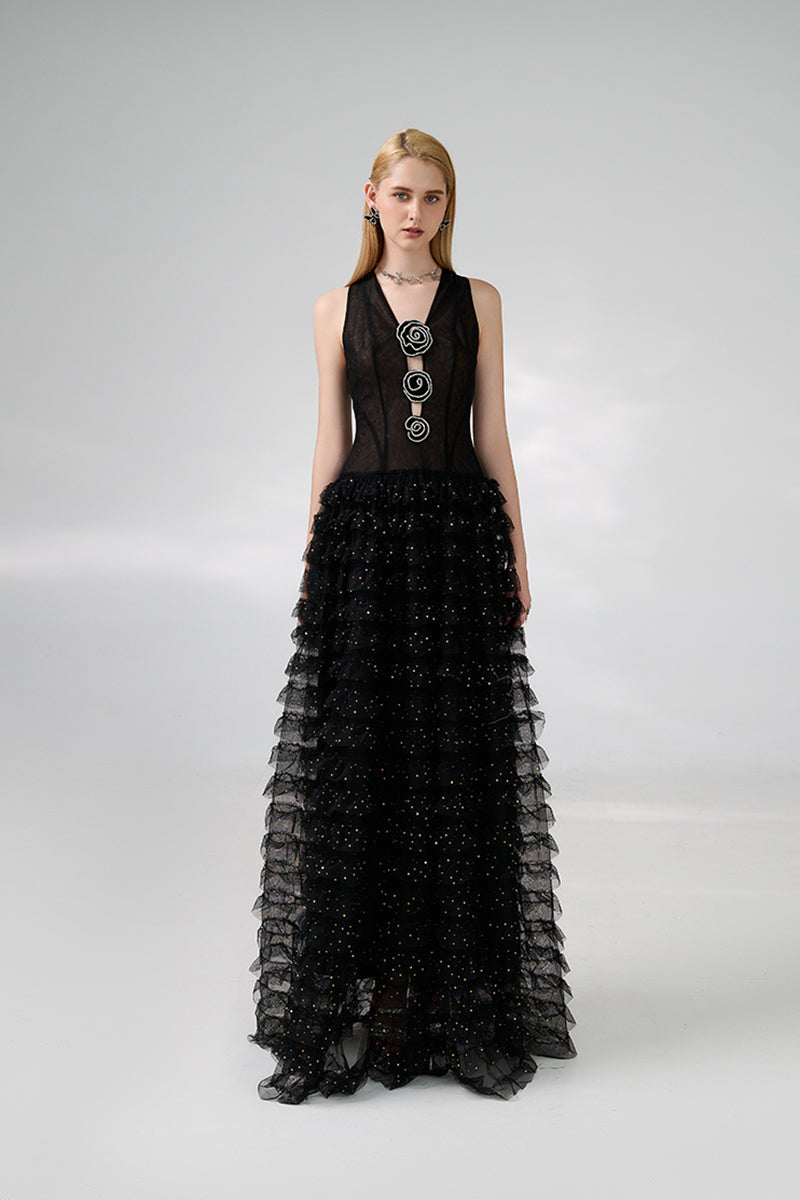 BLACK V-NECK ROSES EMBELLISHMENT GOWN - CULT MIA